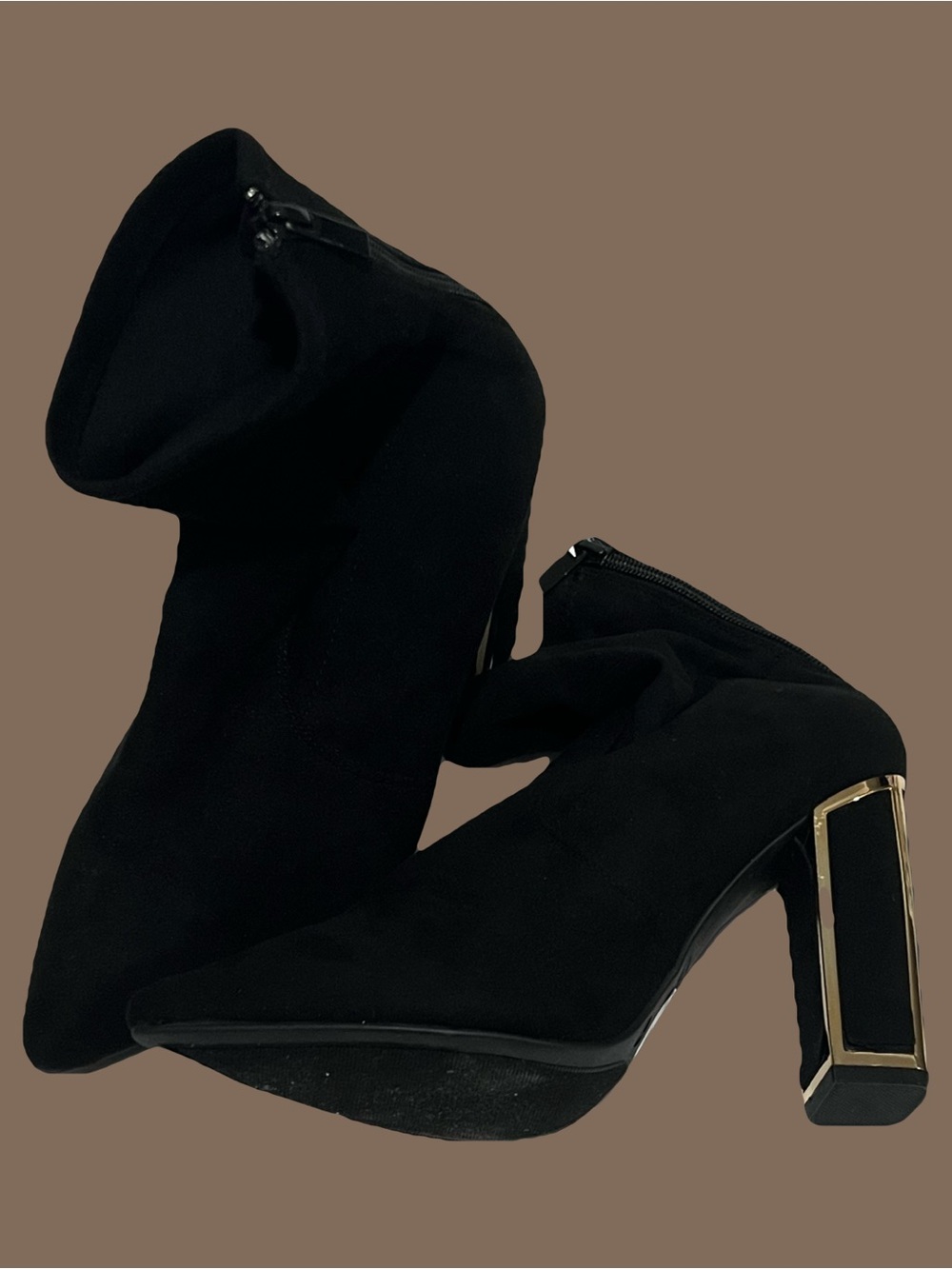 BAMBOO Black Heeled Ankle Booties with Gold Trim